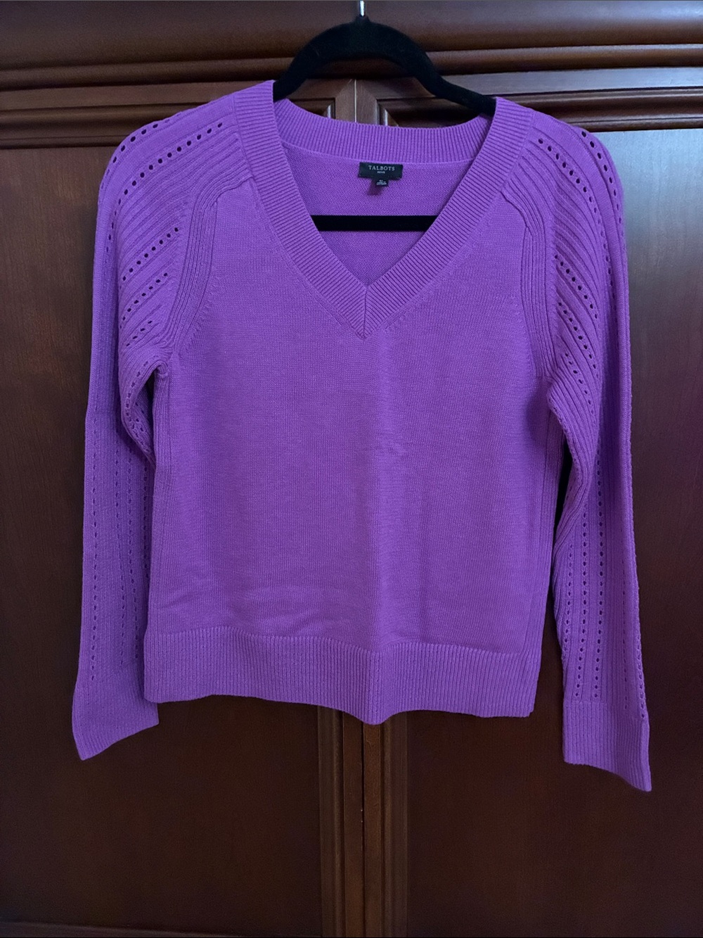 Talbots Bright Purple V-Neck Pointelle Sleeve Sweater